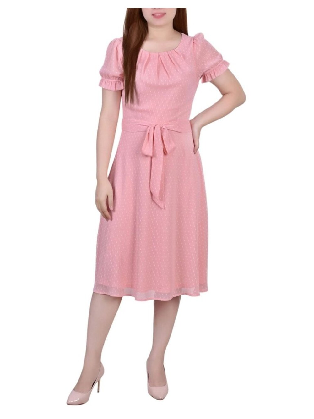 Ny Collection Womens Short Sleeve Belted Swiss Dot Dress Mellow Rose Size L NWT